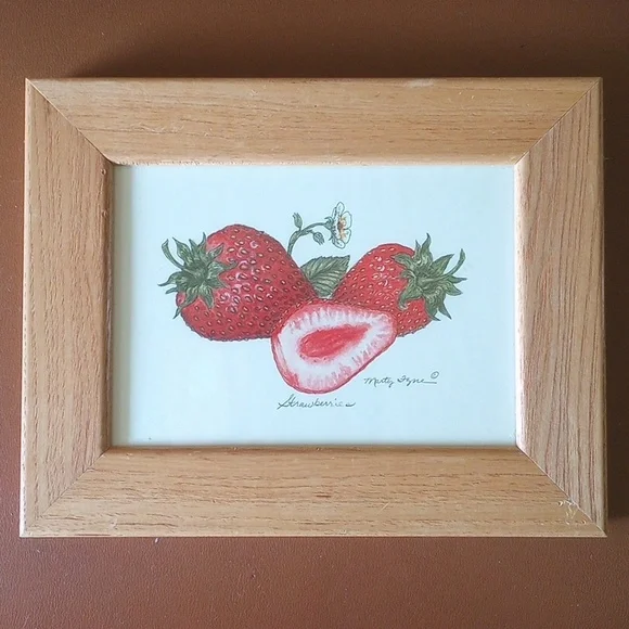 Vintage "Strawberries" Art Print by Marty Fzne. Oak Frame w/ Glass - Picture 1 of 5